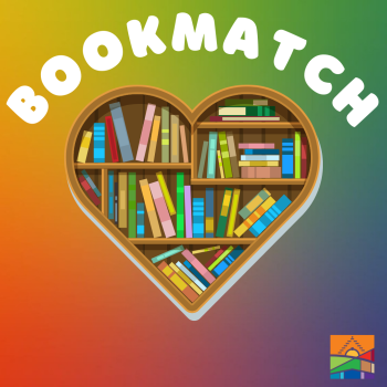 Bookmatch in bubble letters over a heart-shaped bookshelf with rainbow background