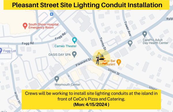 Crews will be working to install site lighting conduits at the island in front of CeCe's Pizza and Catering