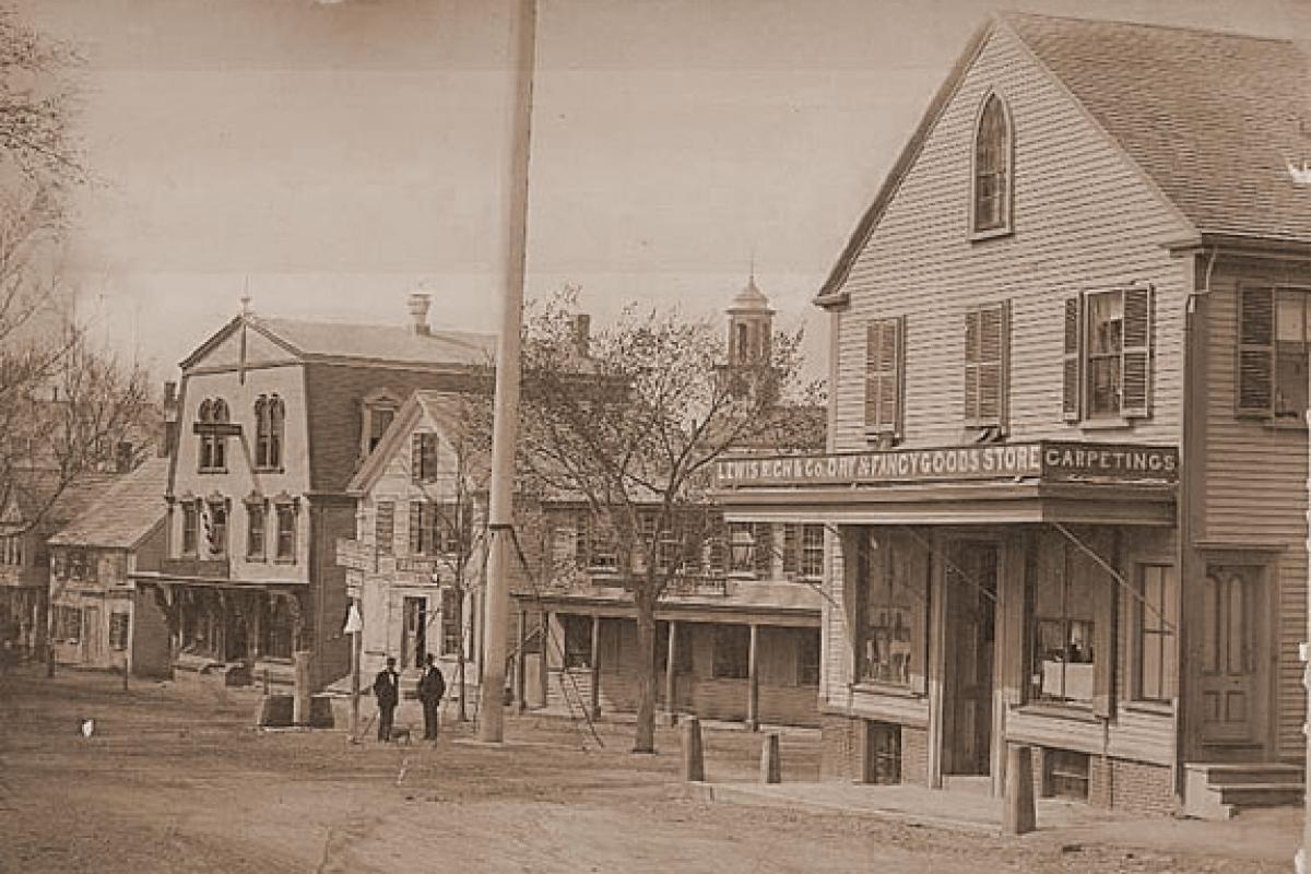 Weymouth Landing - Corner of Washington & Commercial Sts. looking North. Spire of East Braintree Union Cong. Church in distance. Church burned 1897