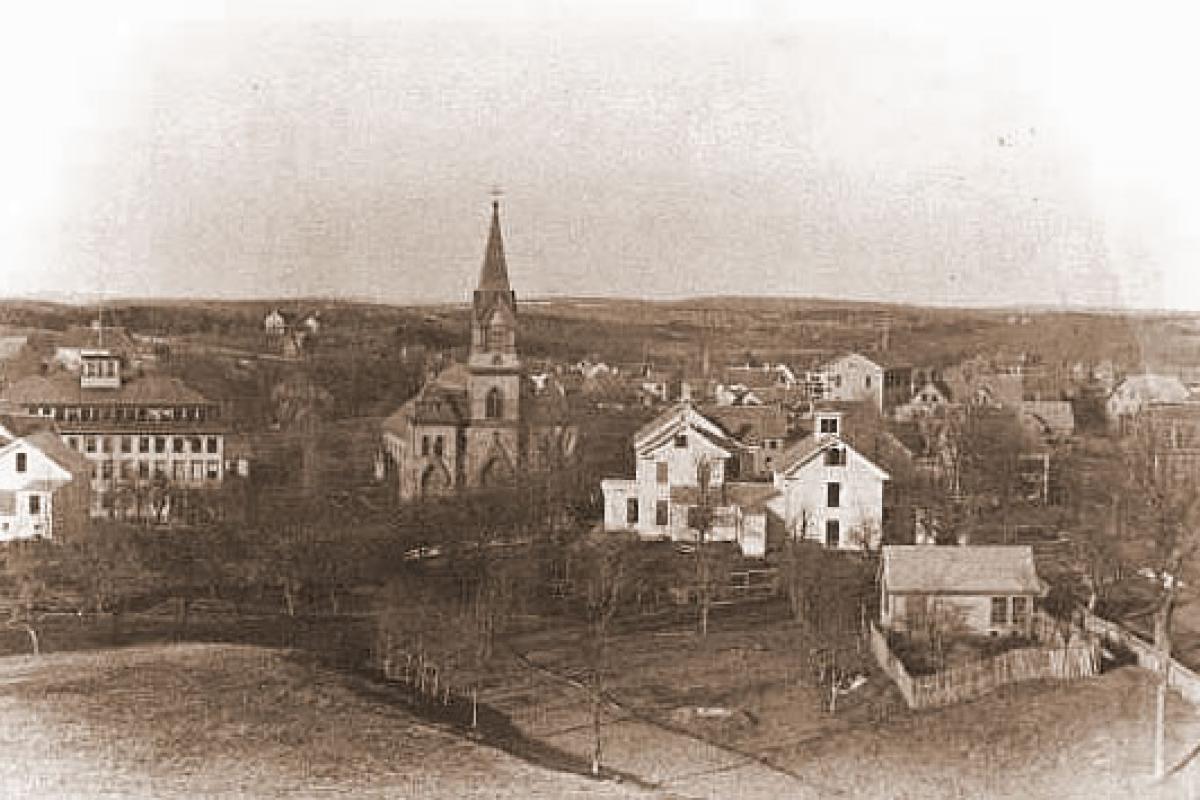 Looking North from 45 Randall Ave., home of the Gareys. Church in middle of photo is old Immaculate Conception church. It has been replaced with current building.