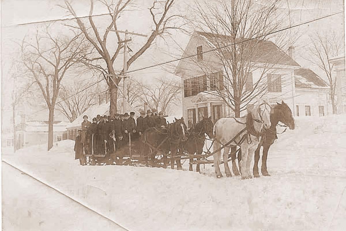Photograph of horses, sleigh in snow. Somewhere in South Weymouth. Year unknown. Image provided by: Jodi Purdy-Quinlan, Vice Chairman of the Weymouth Historical Commission