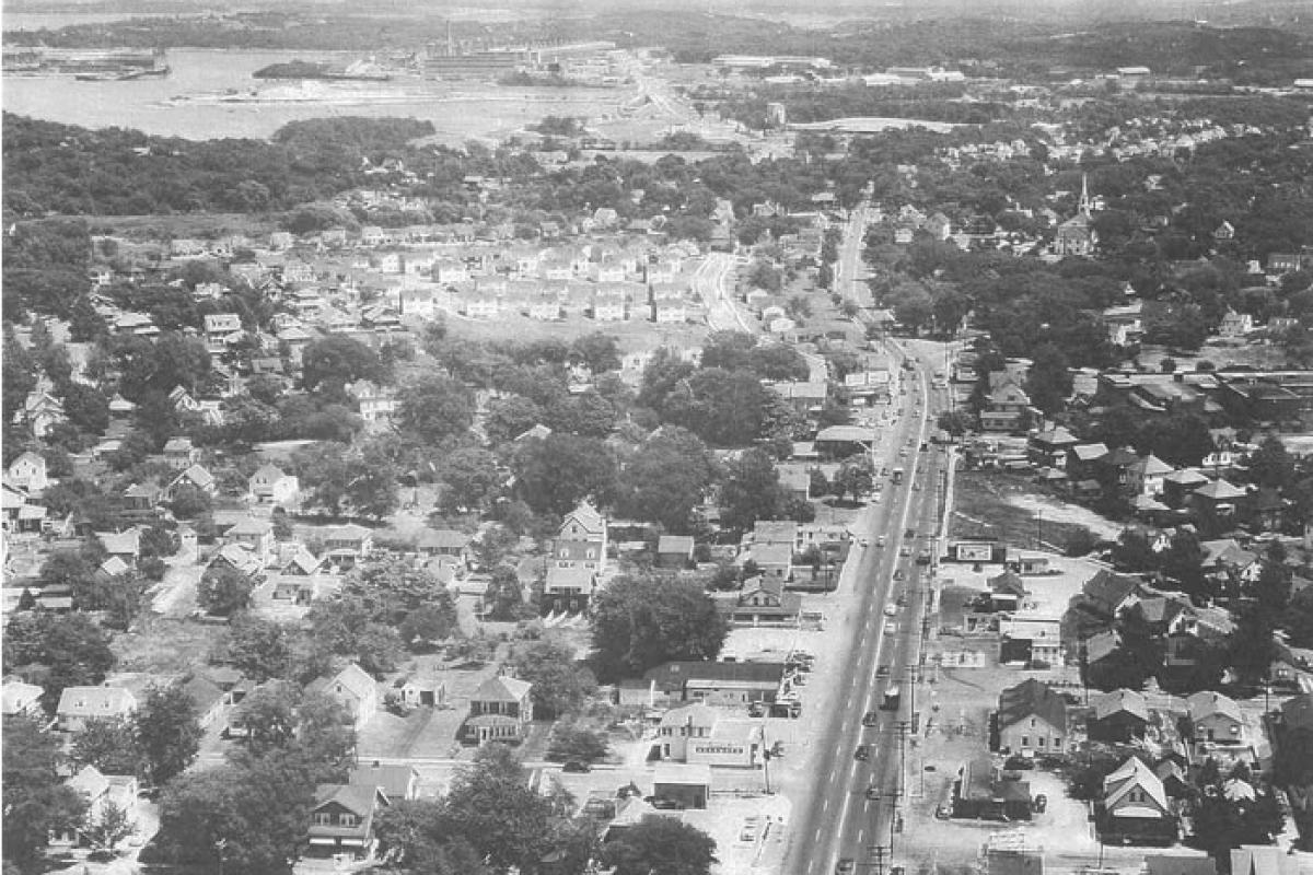 Aerial photo looking down Route 3A towards Hingham.