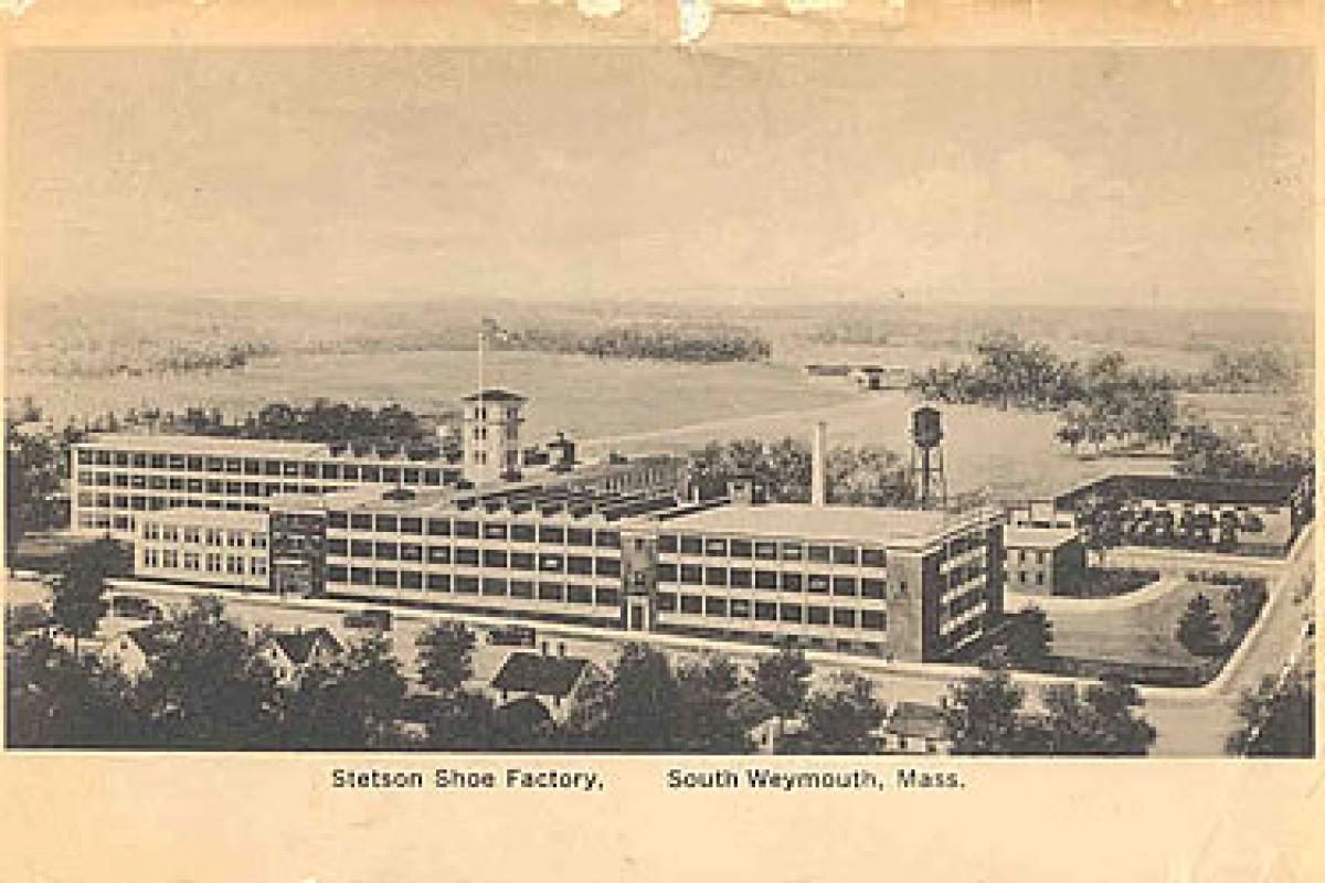 Stetson's Shoe Factory, South Weymouth. Today building is still standing almost identical to how it is pictured here. It has been changed over to office space and is located on Route 18 near RT 3. Image provided by the William and Elaine Pepe postcard collection.
