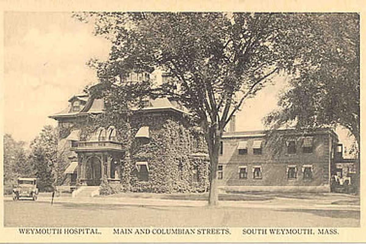 Weymouth Hospital, Main and Columbian Streets, South Weymouth MA. The South Shore Hospital currently is in this location. Image provided by the William and Elaine Pepe postcard collection.