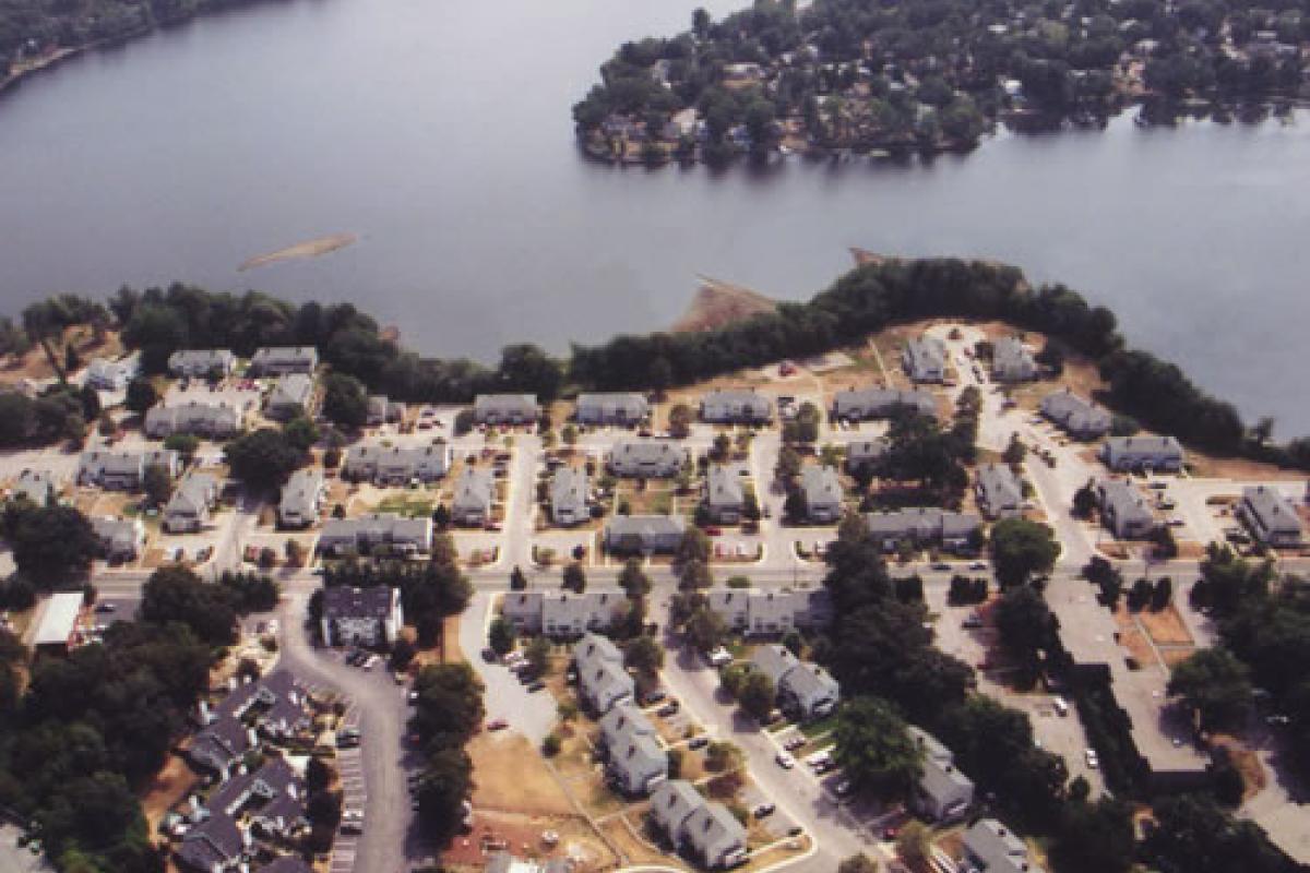 Aerial photo of site of Whitman's Pond, Lake Street in forground 2002.