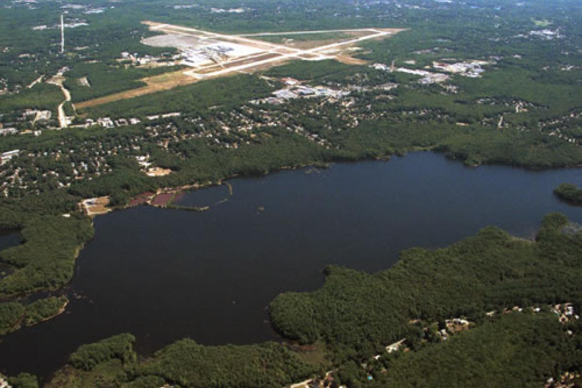 Aerial photo of Great Pond with South Weymouth NAS in background. 2002