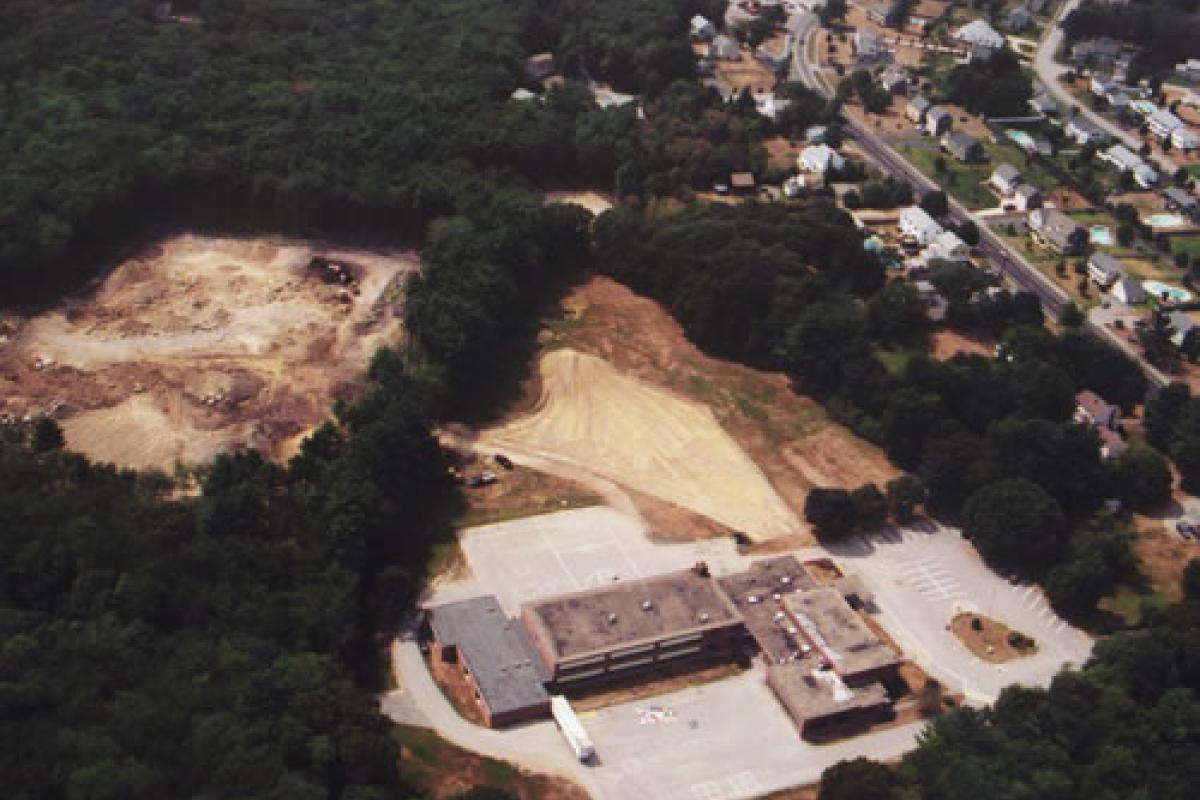 Aerial photo of Ralph Talbot School with soccer field construction project underway. 2002
