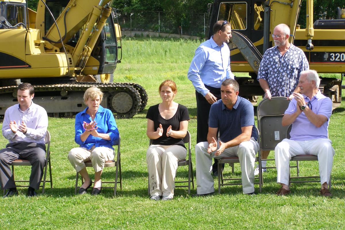 From left to right, front to back: Patrick O'Connor, Councilor at-Large and Council President; Jane Hackett, Councilor at-Large; Rebecca Haugh, District One Councilor; Stephen Reilly, Recreation Advisory Committee Chairman; Robert Conlon, Councilor at-Large; Robert Hedlund, State Senator (R-Weymouth); Ed Harrington, District Five Councilor