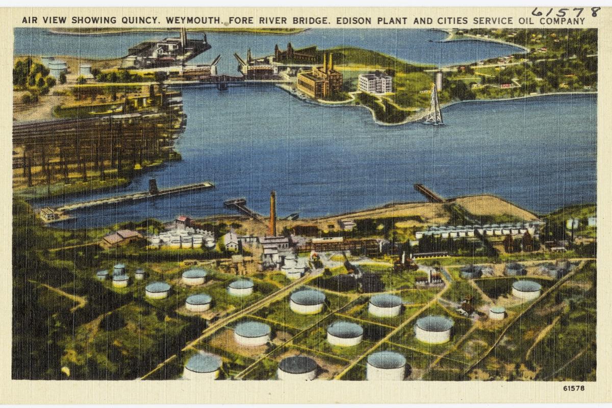Air view showing the Quincy-Weymouth Fore River Bridge, Edison Plant, and Cities Service Oil Company.  Source: Digital Commonwealth