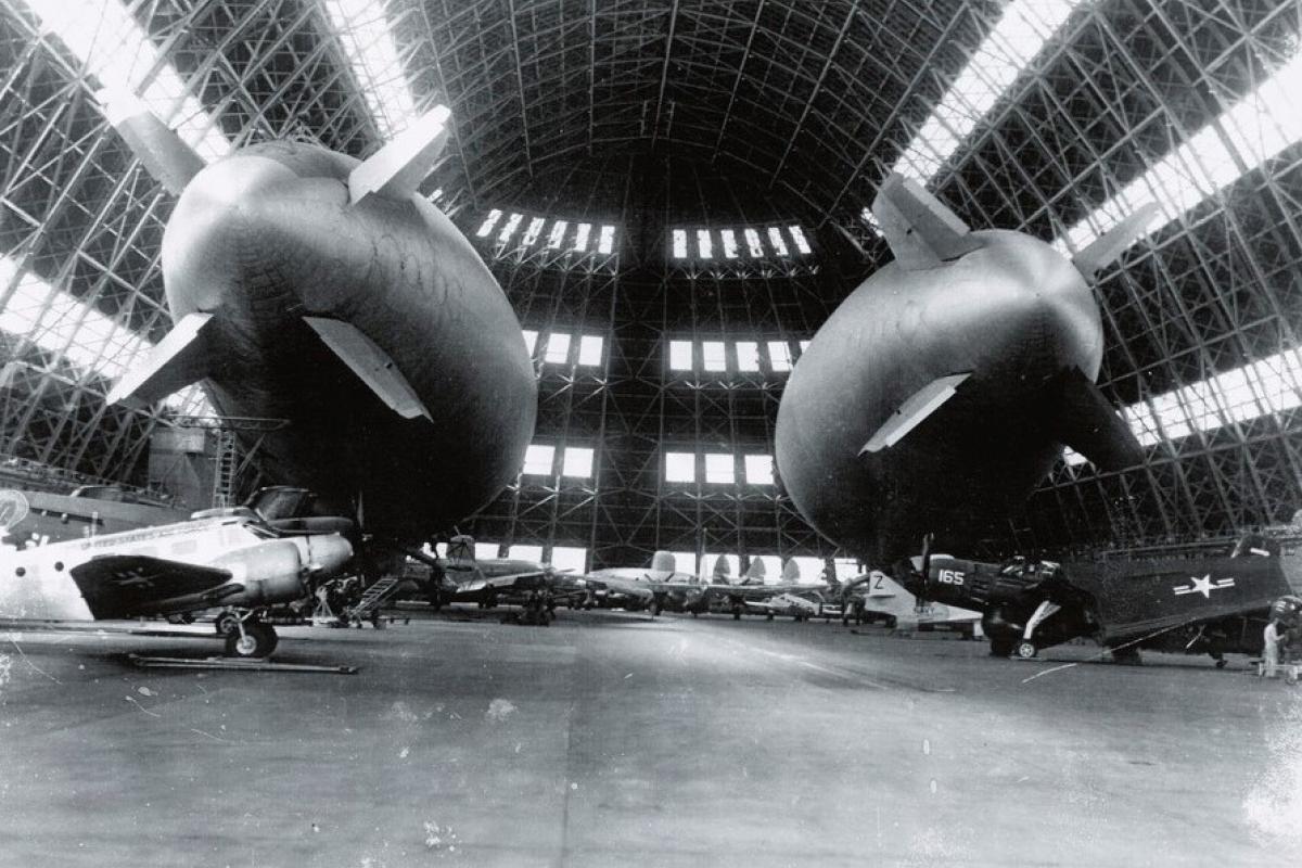 Blimps inside the "big hanger" at the Naval Air Station South Weymouth (1956).  Source: Digital Commonwealth