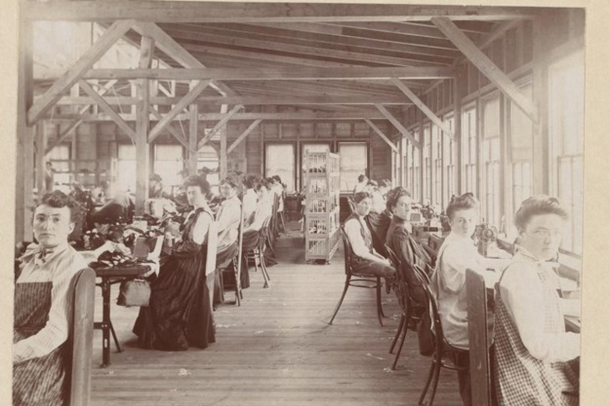 Stitching room at Stetson Shoe Company.  Source: Digital Commonwealth