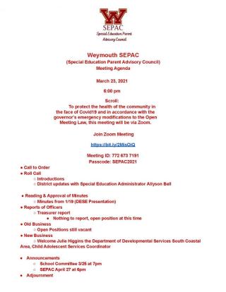 Weymouth SEPAC Meeting Agenda 3-23-21